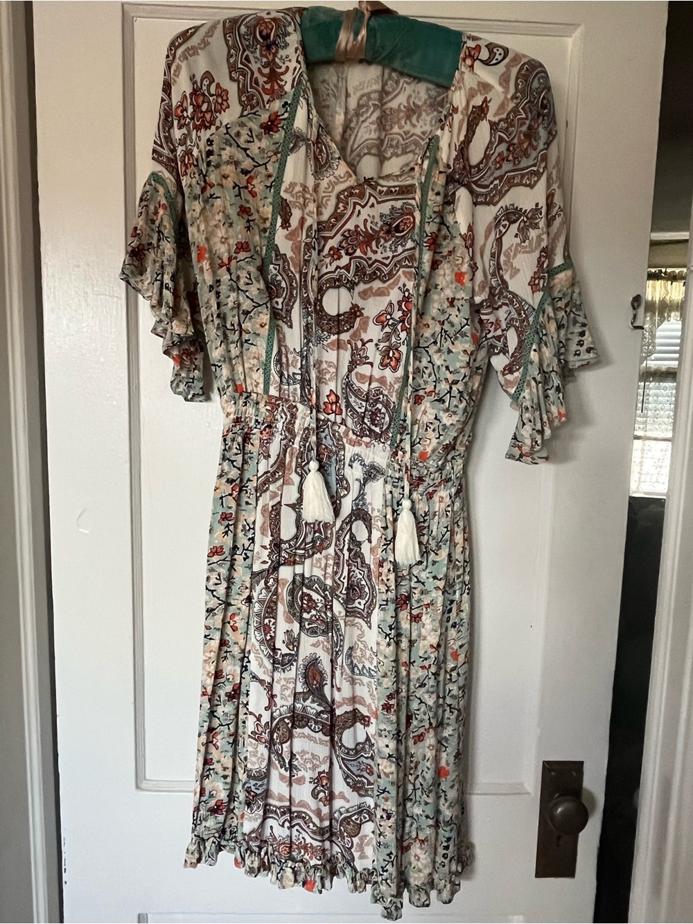 Cream Paisley & Floral Midi Dress with Tassel Tie